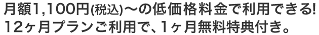 月額1,100円～の低価格料金で利用できる！12ヶ月プランご利用で、1ヶ月無料特典付き。